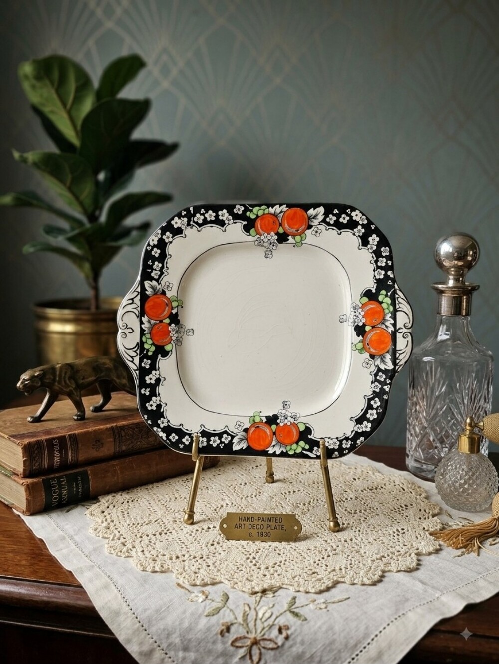 Vintage 1920s Art Deco Bursley Ware "Orchard" Square Sandwich Cake Platter